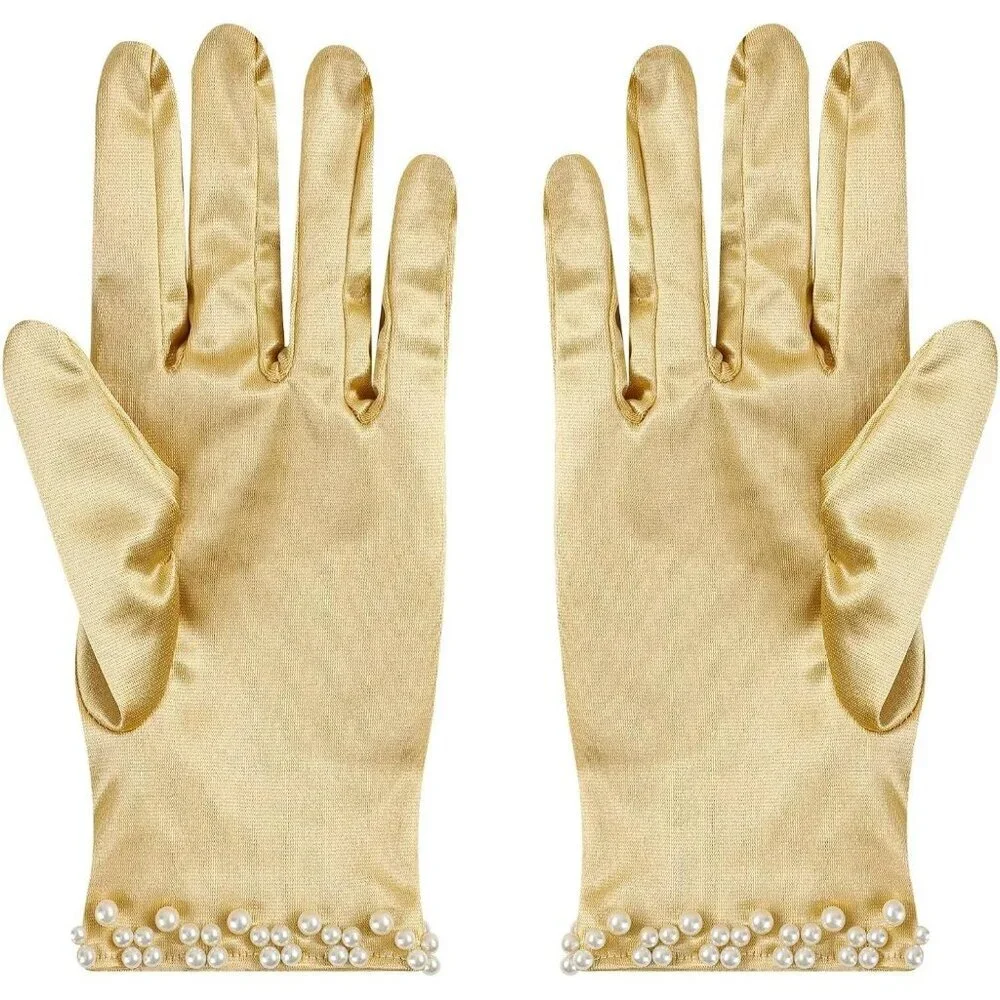 Women's Gold Satin Pearl Short Length Wrist Gloves Wedding Banquet Party Prom